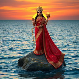 A mesmerizing image of Goddess Lakshmi standing full body on a large stone in the ocean, clad in a striking red saree embellished with intricate gold designs
