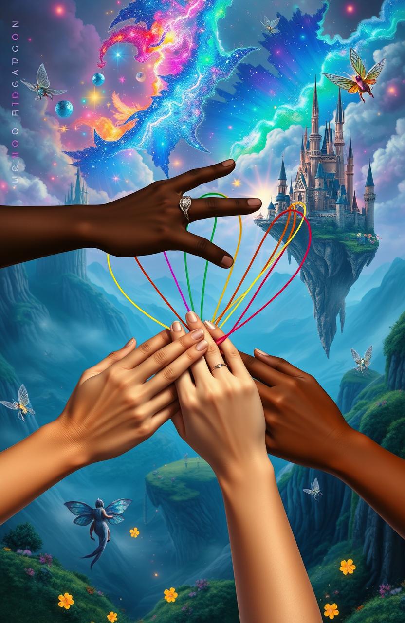 Three hands of different races (Caucasian, Black, and Asian) interconnected with colorful threads, symbolizing unity and diversity