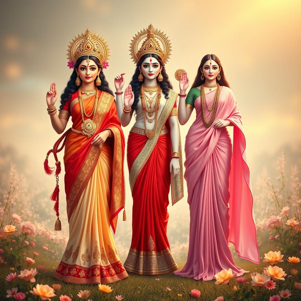 A captivating image featuring the three revered goddesses of Hindu mythology: Goddess Lakshmi, Saraswati, and Parvati, standing in full body