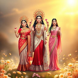 A captivating image featuring the three revered goddesses of Hindu mythology: Goddess Lakshmi, Saraswati, and Parvati, standing in full body