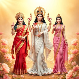 A captivating image featuring the three revered goddesses of Hindu mythology: Goddess Lakshmi, Saraswati, and Parvati, standing in full body