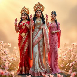 A captivating image featuring the three revered goddesses of Hindu mythology: Goddess Lakshmi, Saraswati, and Parvati, standing in full body