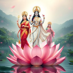 A stunning image of the three divine goddesses of Hindu mythology—Goddess Lakshmi, Saraswati, and Parvati—standing in full body on large, blooming lotus flowers