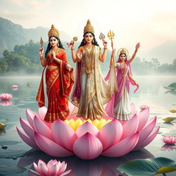 A stunning image of the three divine goddesses of Hindu mythology—Goddess Lakshmi, Saraswati, and Parvati—standing in full body on large, blooming lotus flowers