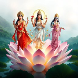 A stunning image of the three divine goddesses of Hindu mythology—Goddess Lakshmi, Saraswati, and Parvati—standing in full body on large, blooming lotus flowers