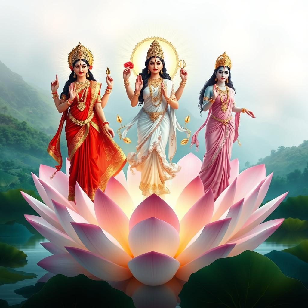 A stunning image of the three divine goddesses of Hindu mythology—Goddess Lakshmi, Saraswati, and Parvati—standing in full body on large, blooming lotus flowers
