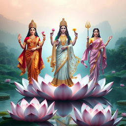 A stunning image of the three divine goddesses of Hindu mythology—Goddess Lakshmi, Saraswati, and Parvati—standing in full body on large, blooming lotus flowers