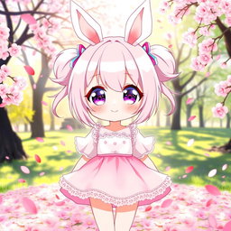 A cute anime girl with large sparkling eyes, pastel pink hair styled in twin tails, wearing a fluffy white and pink dress with lace accents, surrounded by colorful cherry blossom petals in a bright, cheerful setting