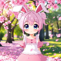 A cute anime girl with large sparkling eyes, pastel pink hair styled in twin tails, wearing a fluffy white and pink dress with lace accents, surrounded by colorful cherry blossom petals in a bright, cheerful setting