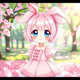 A cute anime girl with large sparkling eyes, pastel pink hair styled in twin tails, wearing a fluffy white and pink dress with lace accents, surrounded by colorful cherry blossom petals in a bright, cheerful setting