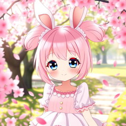 A cute anime girl with large sparkling eyes, pastel pink hair styled in twin tails, wearing a fluffy white and pink dress with lace accents, surrounded by colorful cherry blossom petals in a bright, cheerful setting