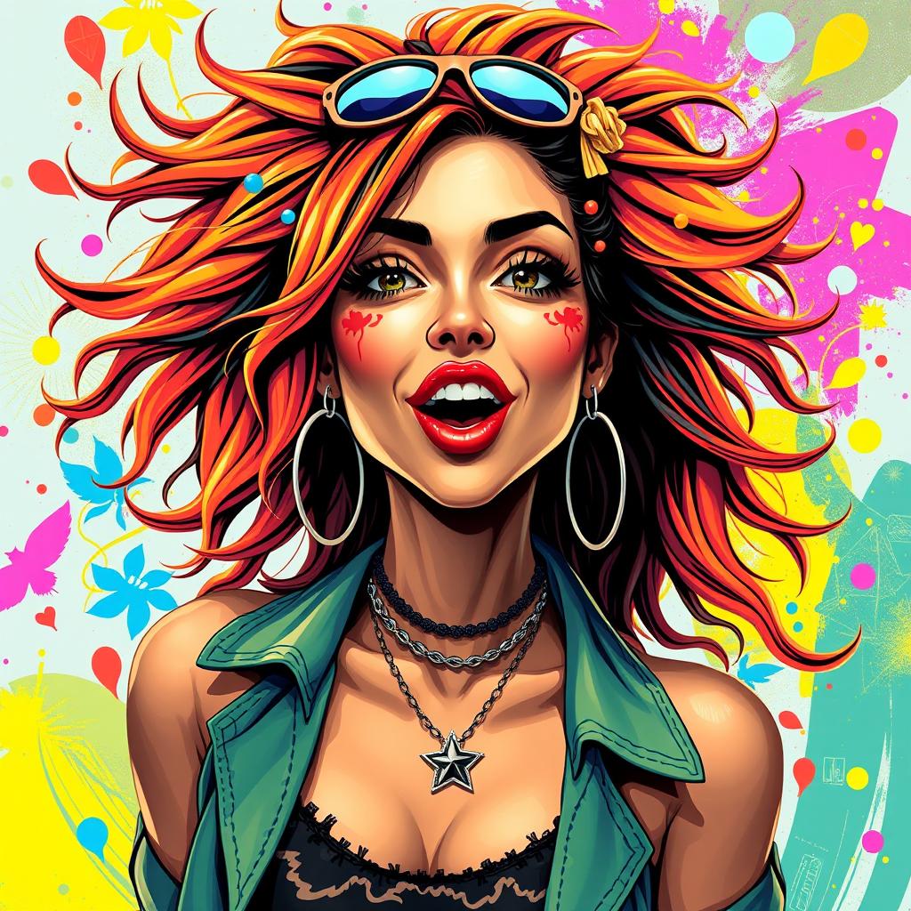 An artistic representation of a Brazilian woman displaying the characteristic 'ahegao' facial expression, which combines a playful and exaggerated look of pleasure