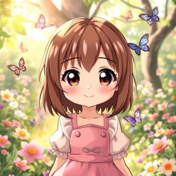 A cute anime girl with brown hair highlighted with handsome blonde streaks, wearing a pastel-colored outfit with a playful expression on her face