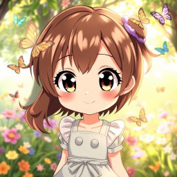 A cute anime girl with brown hair highlighted with handsome blonde streaks, wearing a pastel-colored outfit with a playful expression on her face