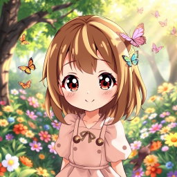 A cute anime girl with brown hair highlighted with handsome blonde streaks, wearing a pastel-colored outfit with a playful expression on her face