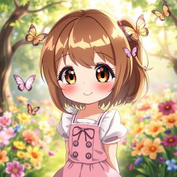 A cute anime girl with brown hair highlighted with handsome blonde streaks, wearing a pastel-colored outfit with a playful expression on her face