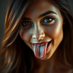 A captivating close-up portrait of a Brazilian woman with an alluring presence, featuring her mouth slightly open with her tongue playfully sticking out