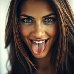 A captivating close-up portrait of a Brazilian woman with an alluring presence, featuring her mouth slightly open with her tongue playfully sticking out