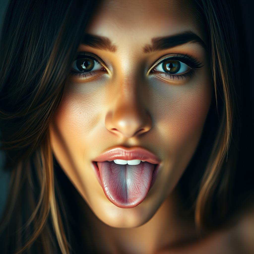 A captivating close-up portrait of a Brazilian woman with an alluring presence, featuring her mouth slightly open with her tongue playfully sticking out