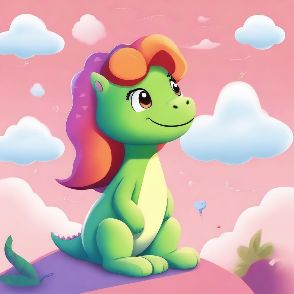 A digital art image, high quality and vibrant, depicts a cute, cartoonish girl dinosaur