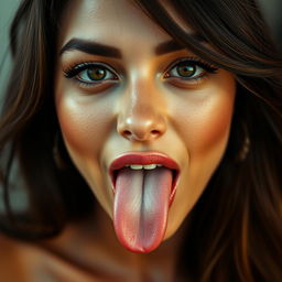 A captivating close-up portrait of a Brazilian woman with an alluring presence, featuring her mouth slightly open with her tongue playfully sticking out