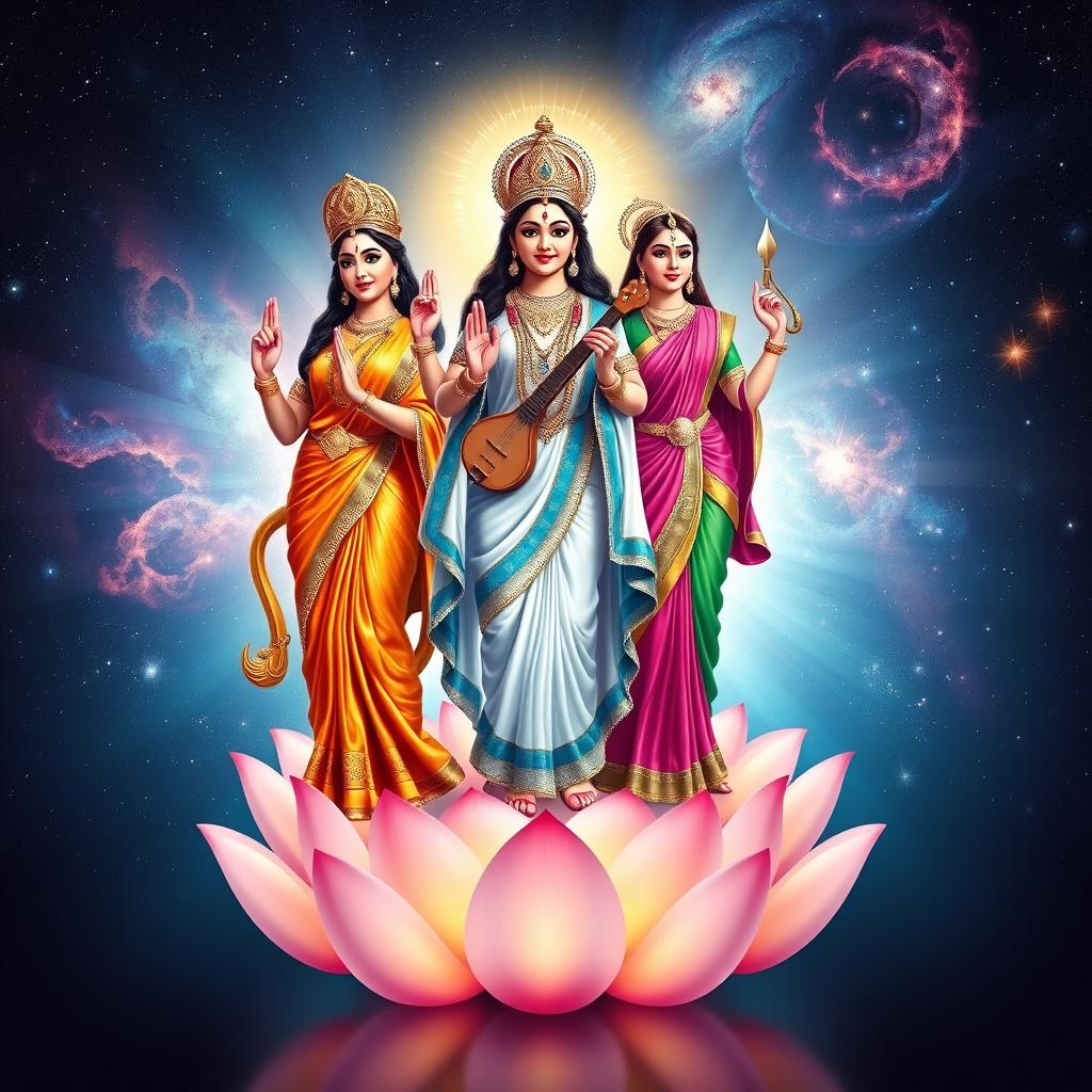 Divine Trio: Goddess Lakshmi, Saraswati, and Parvati