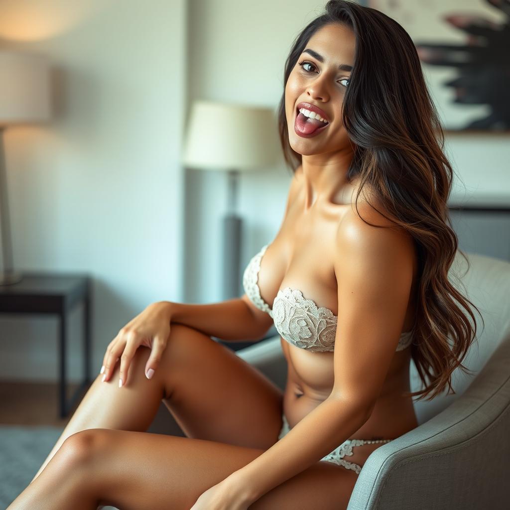 A striking image of a Brazilian woman sitting provocatively on a chair, wearing elegant lingerie
