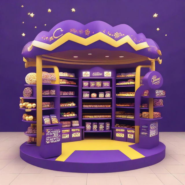 Generate an image of a supermarket Cadbury chocolate stand adorned with Ramadan-inspired motifs, featuring shelves displaying delectable treats, decorated with Islamic-curvy shape and Ramadan lanterns, illuminated by warm light to create a festive atmosphere.