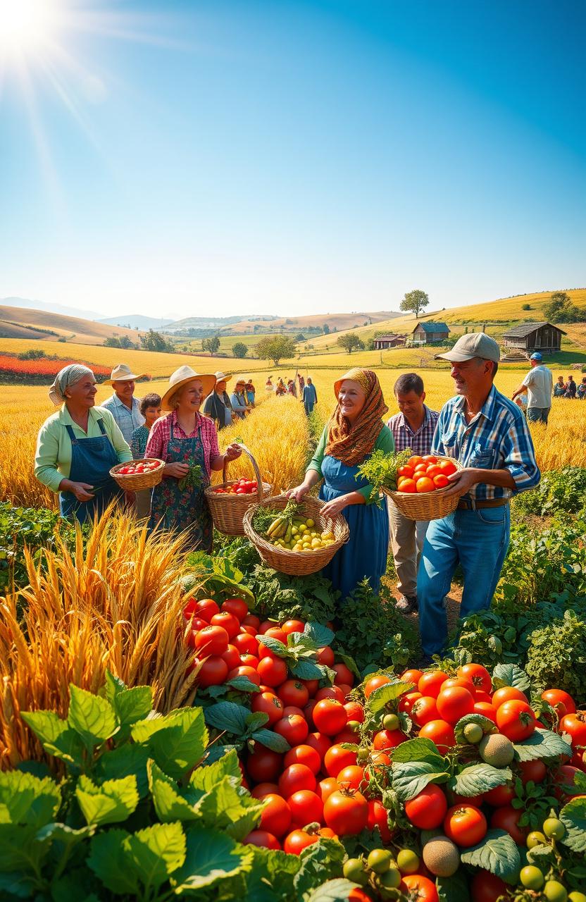 A lush, vibrant harvest scene depicting a diverse group of farmers joyfully gathering ripe vegetables and fruits in a sunlit field