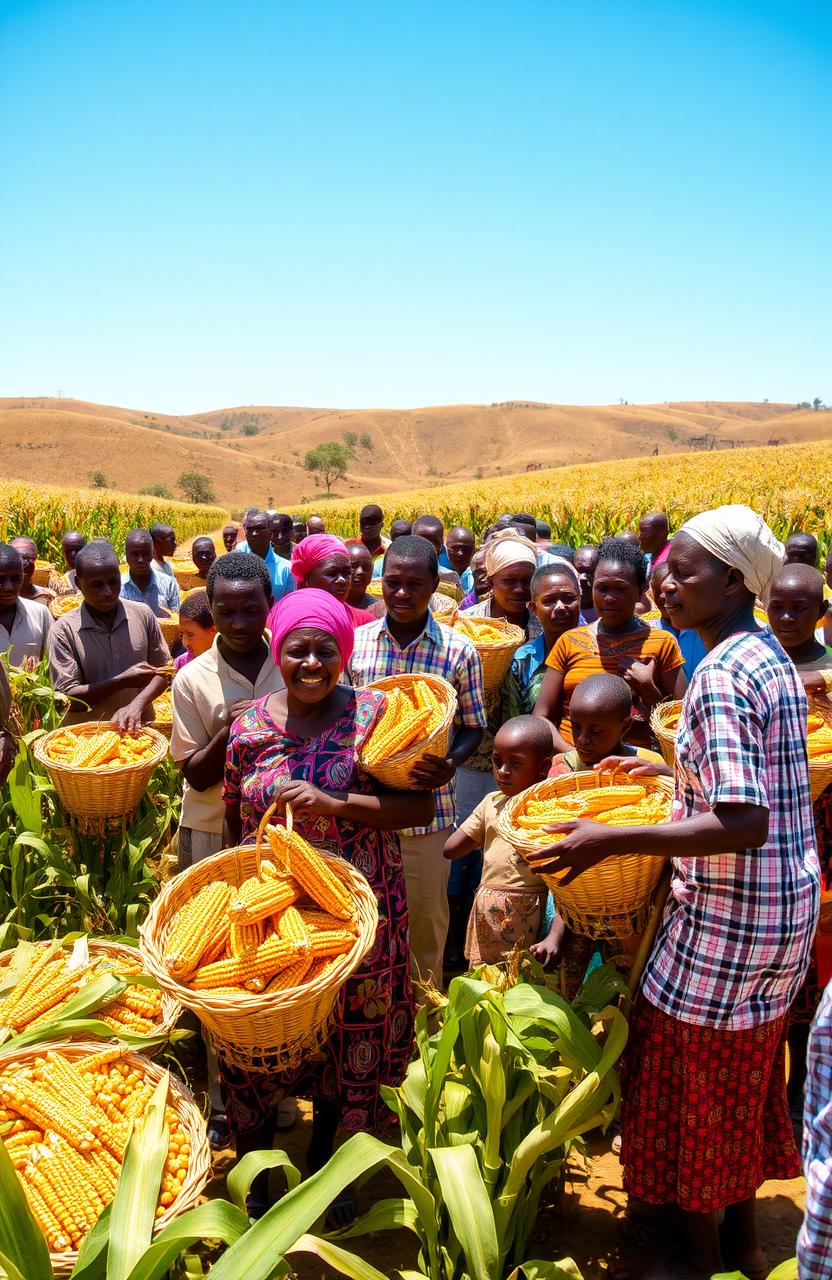In a vibrant rural setting of Zimbabwe, a large group of local farmers is joyfully harvesting maize under the warm sun