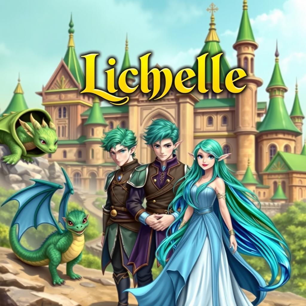 A fantasy book cover showcasing an elf kingdom with majestic architecture featuring greenish roofs in the background