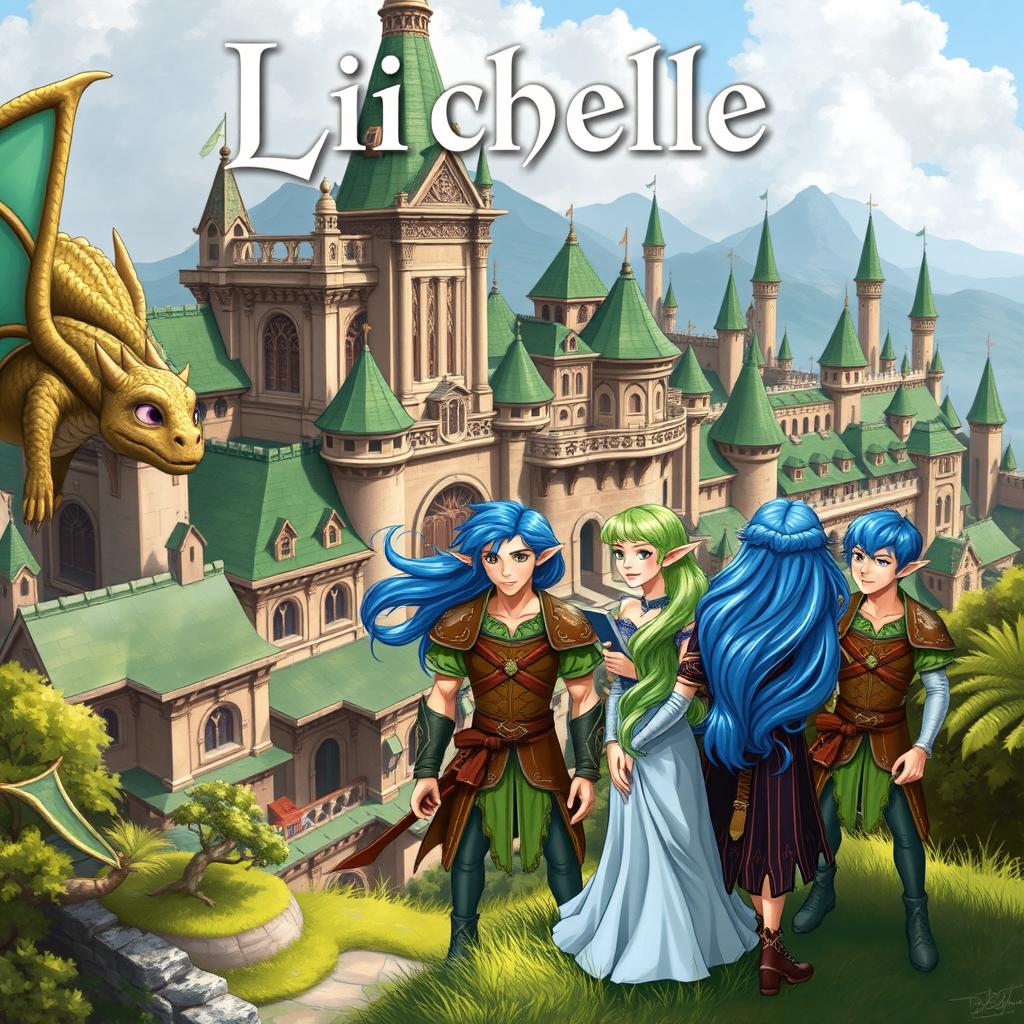 A beautiful book cover illustrating an elf kingdom with intricate architecture and greenish roofs in the background