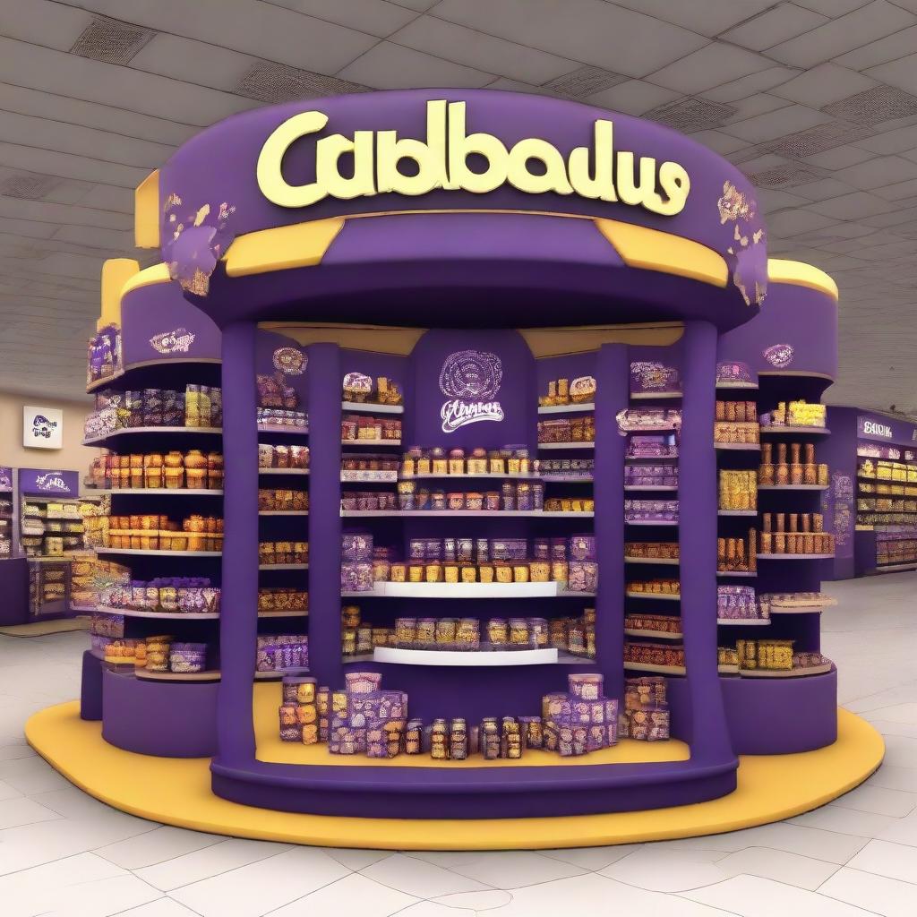 Generate an image of a supermarket Cadbury chocolate stand adorned with Ramadan-inspired motifs, featuring shelves displaying delectable treats, decorated with Islamic-curvy shape and Ramadan lanterns, illuminated by warm light to create a festive atmosphere.