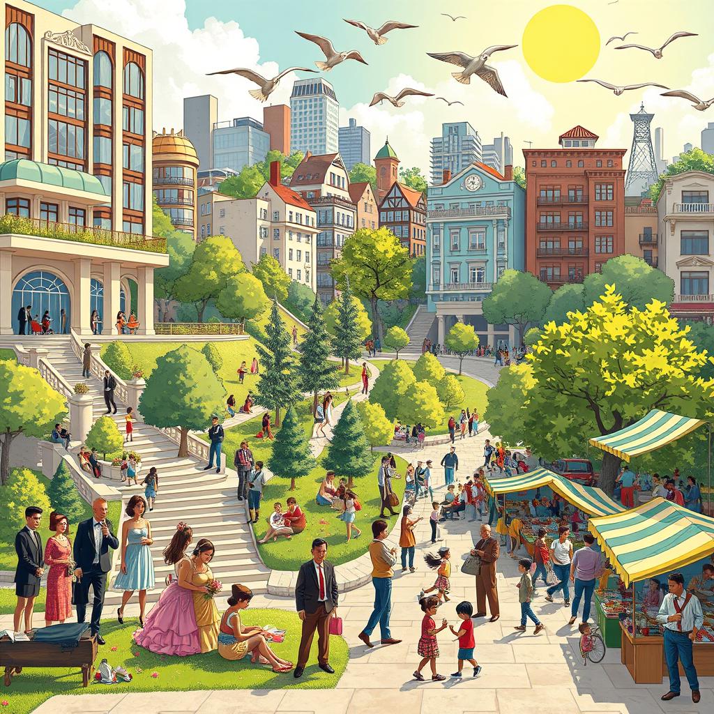 A vibrant and dynamic illustration of a stratified community, showcasing various social classes interacting in a picturesque urban setting