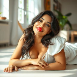 A sensual Brazilian woman lying on the floor, playfully holding a lollipop in her mouth