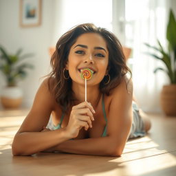 A sensual Brazilian woman lying on the floor, playfully holding a lollipop in her mouth
