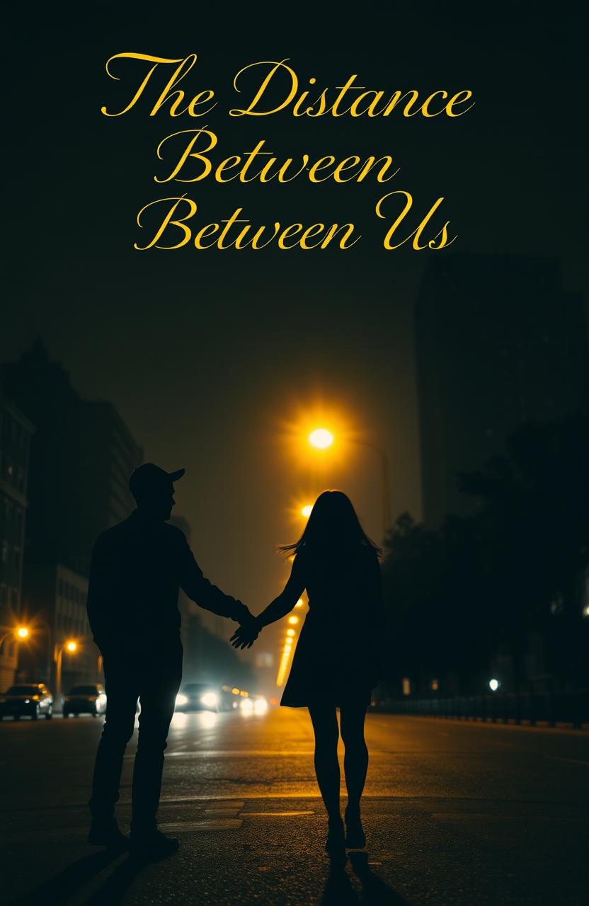 A melancholic yet hopeful night cityscape featuring two silhouettes standing apart, their backs facing each other but subtly reaching out, symbolizing a bittersweet romance