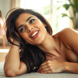 A sensual Brazilian woman lying on the floor with her mouth slightly open and her eyes rolled back in a playful expression