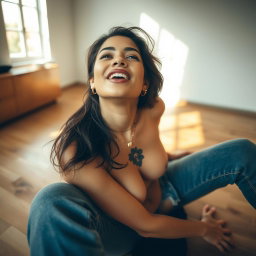 A sensual Brazilian woman with a tattoo on her chest sitting on the floor, her mouth slightly open and her eyes rolled back in a playful, relaxed expression