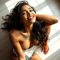 A sensual Brazilian woman with a tattoo on her chest sitting on the floor, her mouth slightly open and her eyes rolled back, conveying a playful and relaxed mood