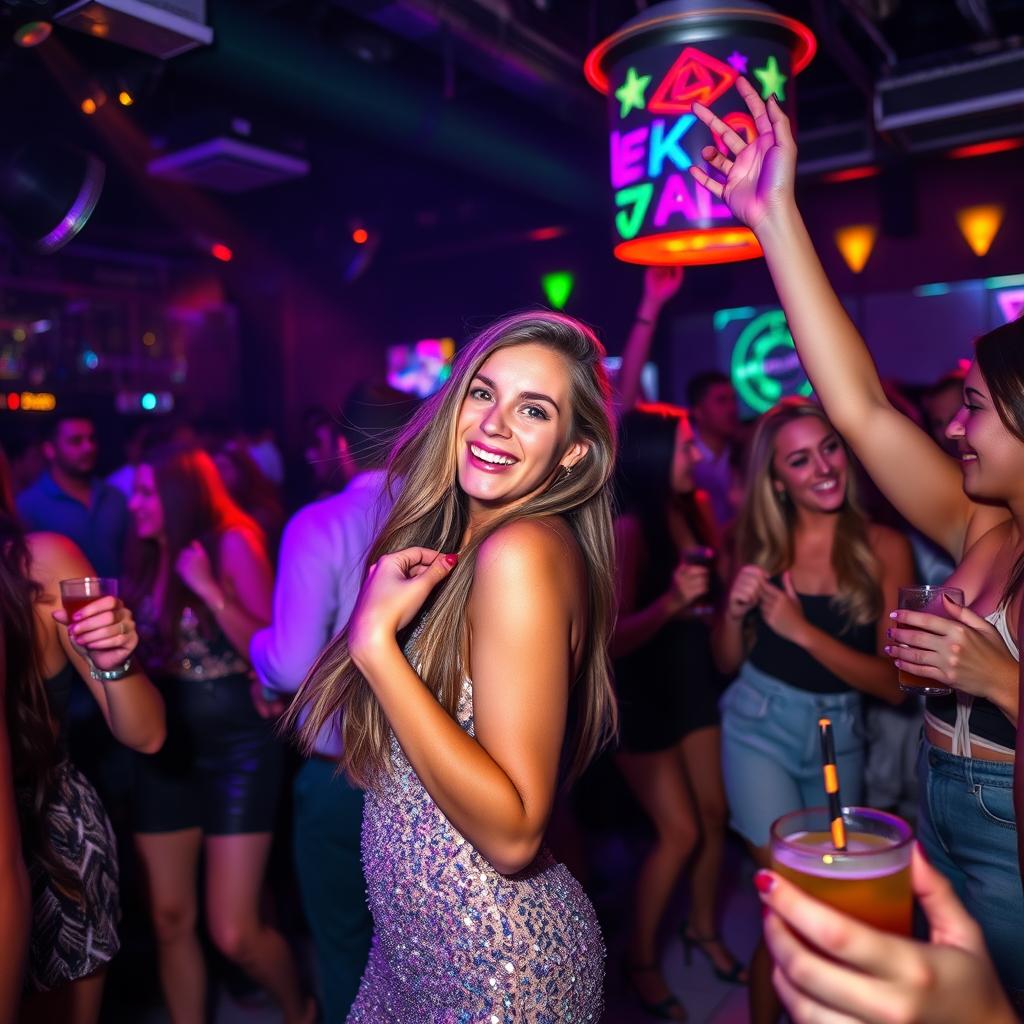 A lively scene of a young woman dancing at a vibrant nightclub, surrounded by her friends