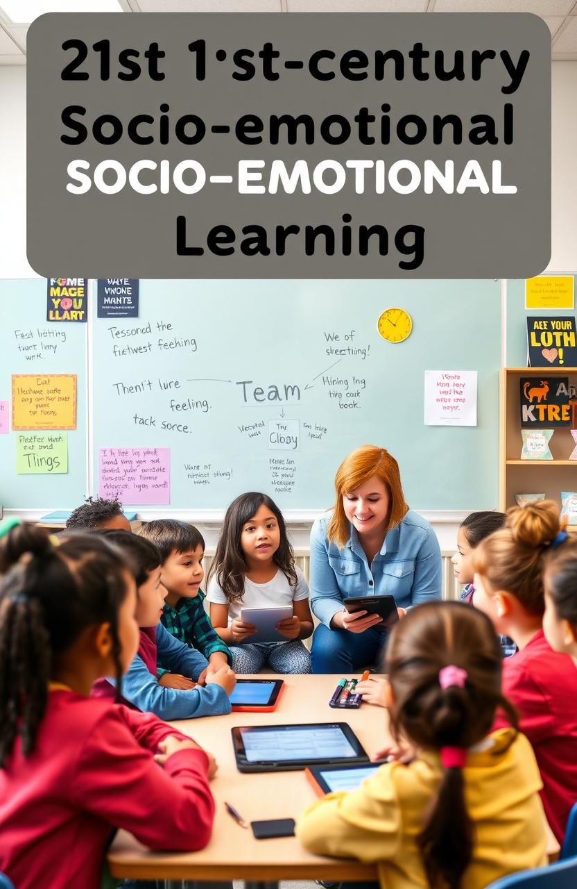 An educational scene depicting 21st-century socio-emotional learning in a diverse classroom setting