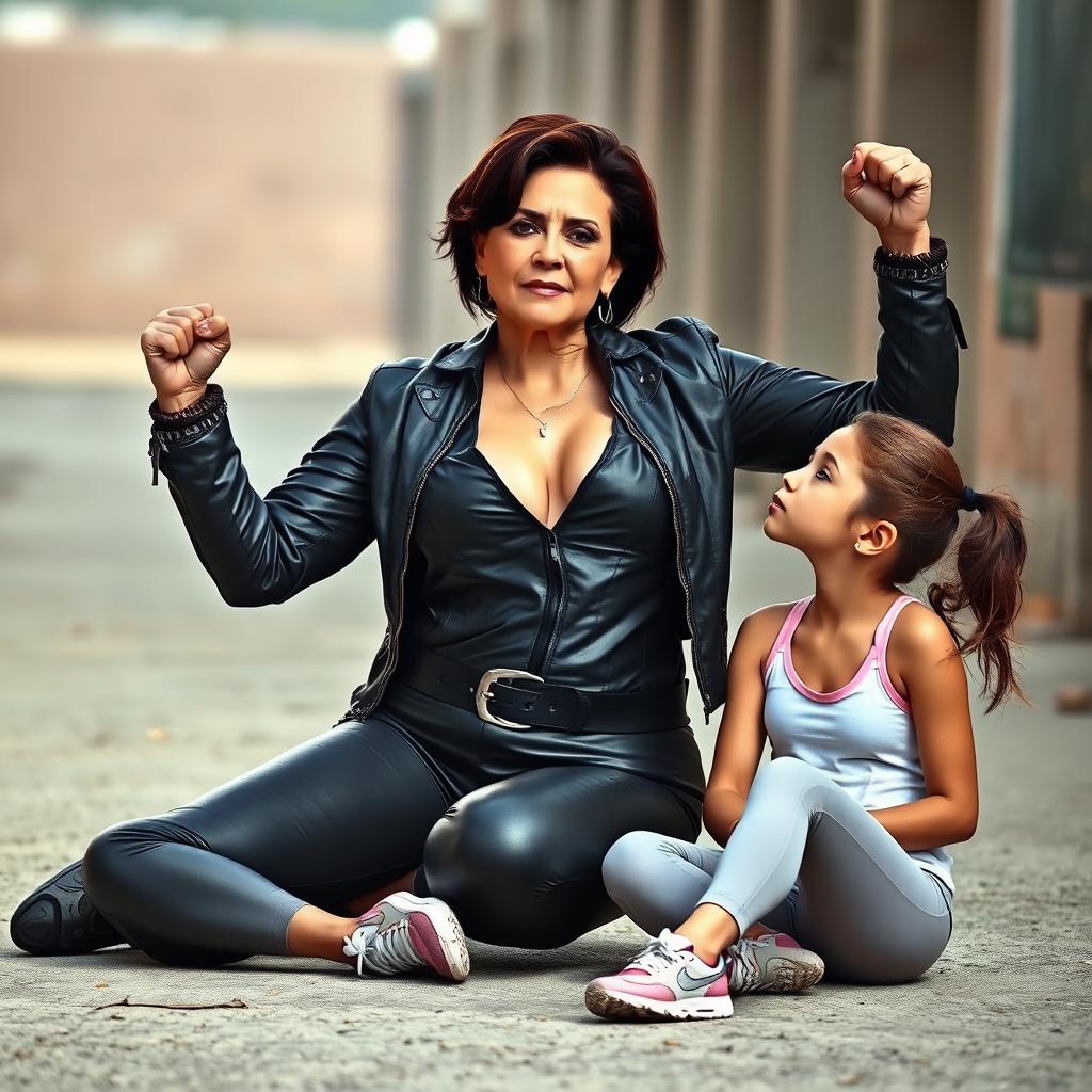 A powerful and dominant 53-year-old woman dressed in leather clothing with a low-cut neckline, striking a victorious pose on the ground