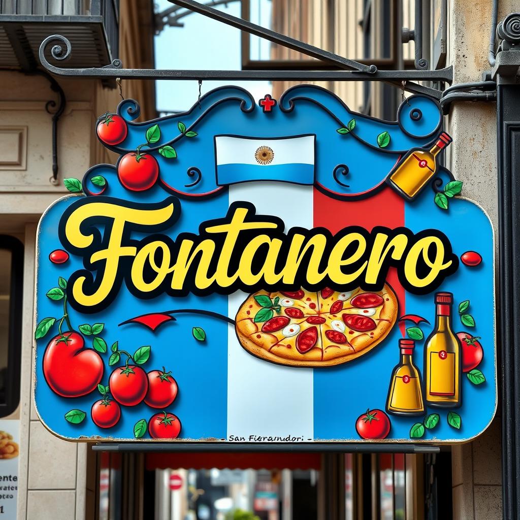 A vibrant and eye-catching shop sign for a pizzeria named 'Fontanero' located in San Fernando, Buenos Aires, Argentina