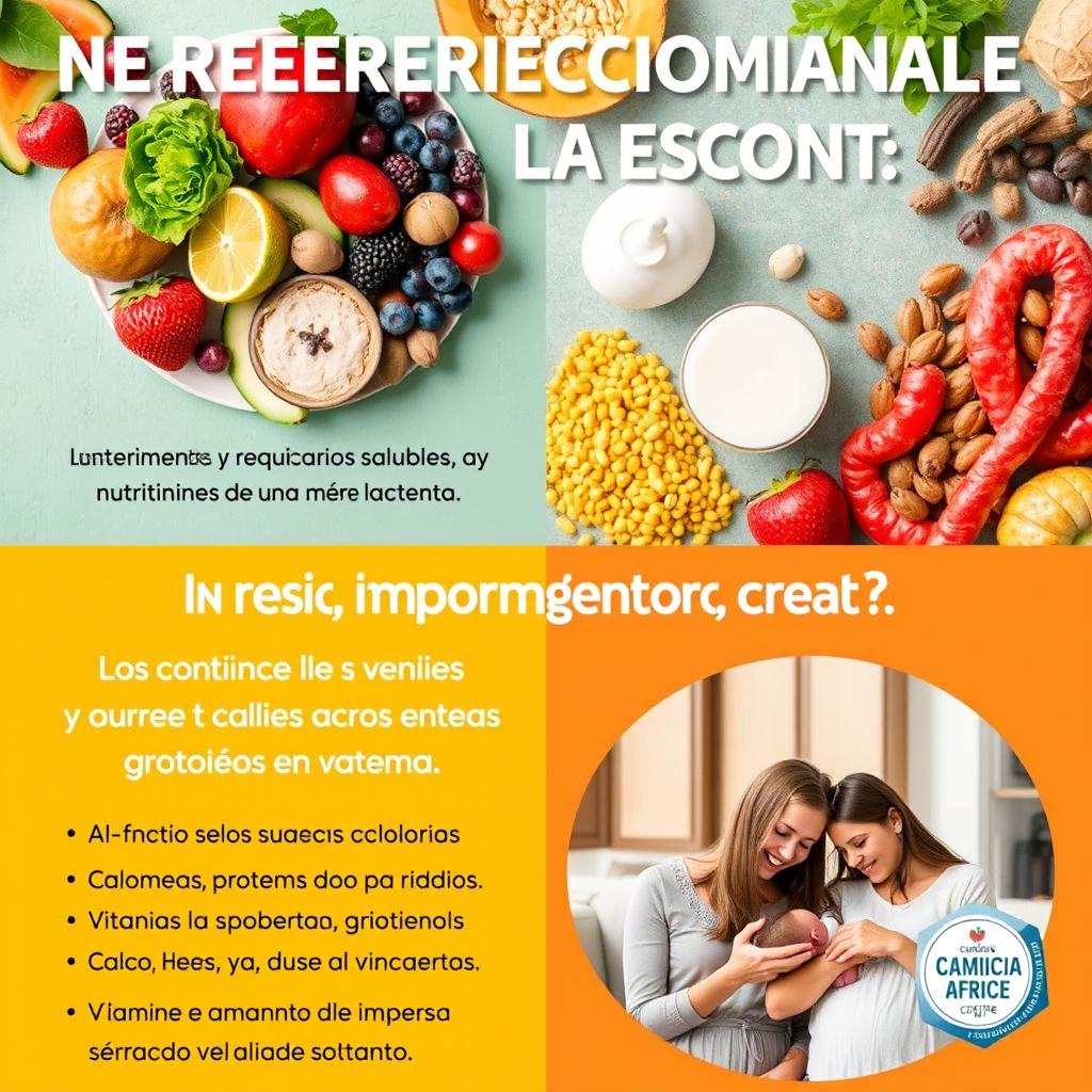 Un poster informativo y atractivo sobre los requerimientos nutricionales de una mujer lactante