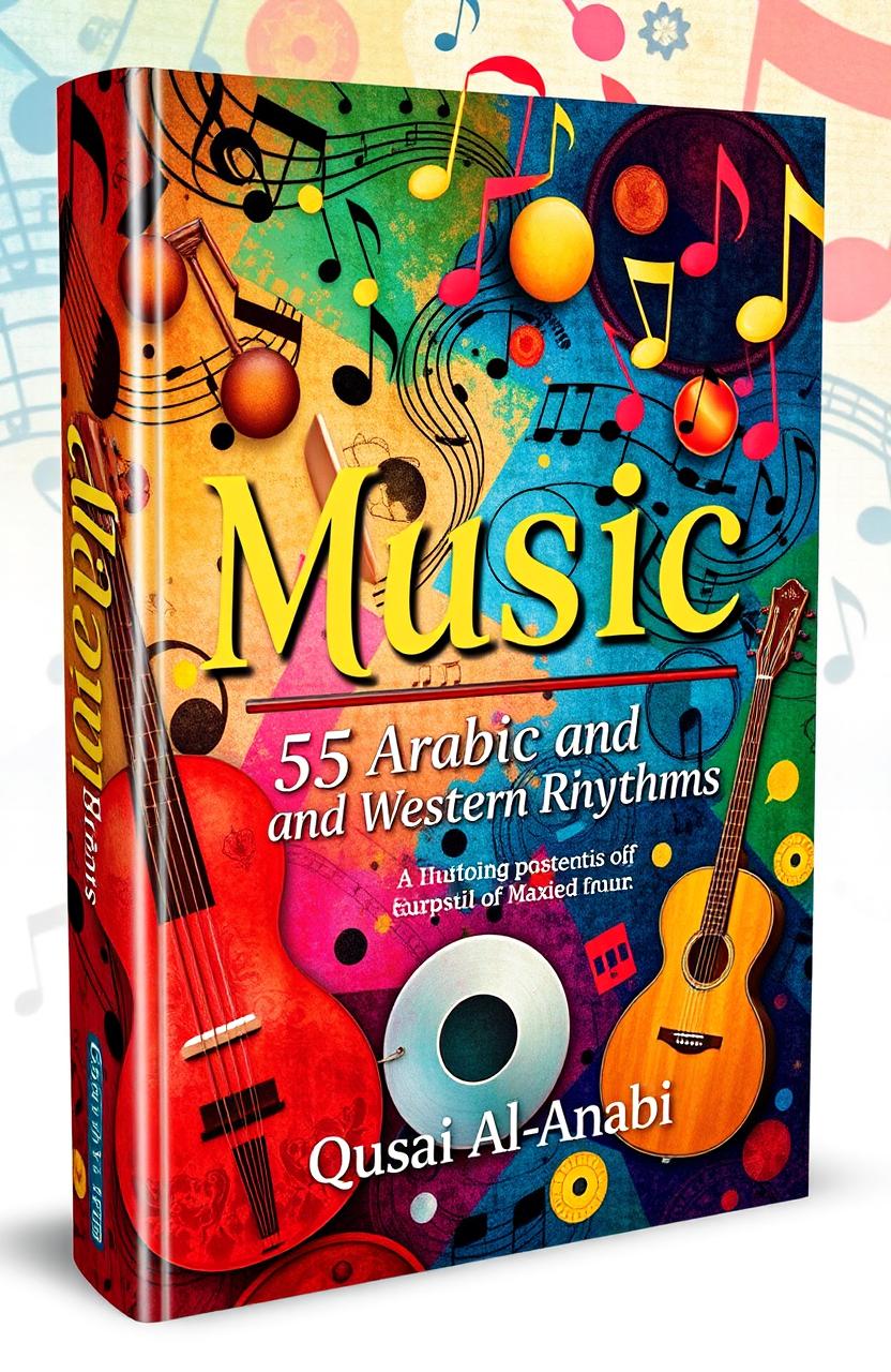 A vibrant and artistic book cover design for 'Music: 55 Arabic and Western Rhythms' by Qusai Al-Anabi