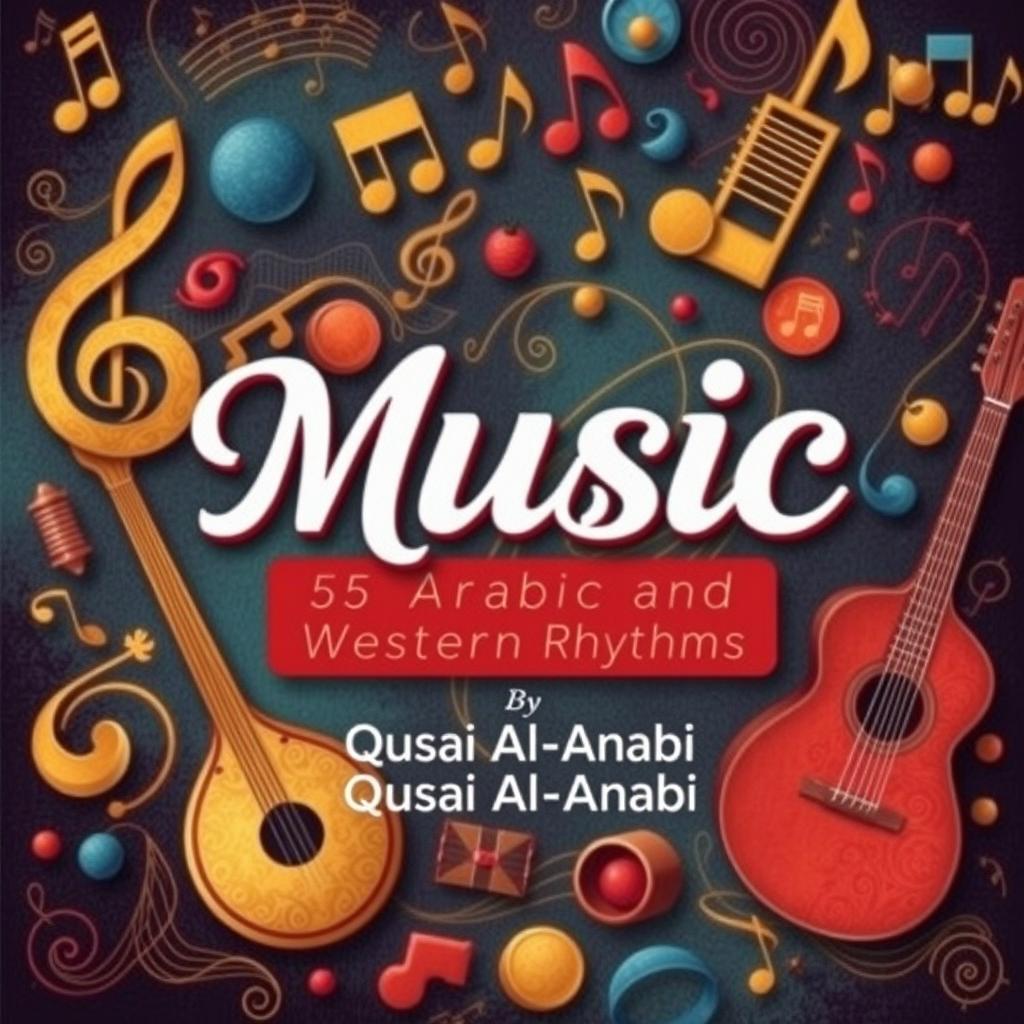 A creative and engaging book cover design for 'Music: 55 Arabic and Western Rhythms' by Qusai Al-Anabi
