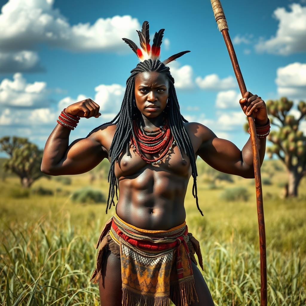 A powerful, muscular black female Amazon warrior stands confidently in the African savanna, showcasing her strength and resilience