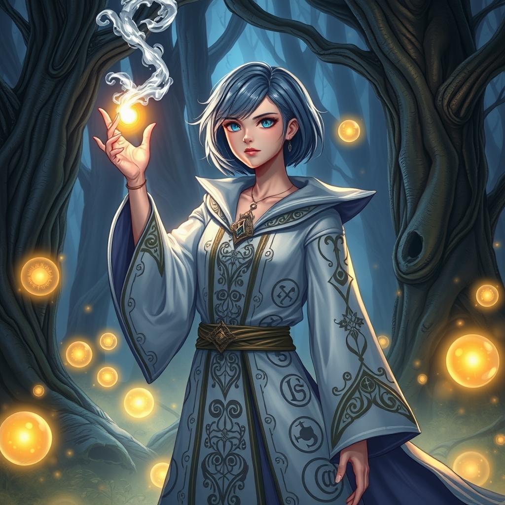 A female wizard with short hair, wearing a flowing, intricately designed robe adorned with mystical symbols and celestial patterns