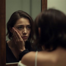 A poignant scene featuring an actress reflecting in a mirror, exhibiting a sorrowful expression, feeling lost in her own identity